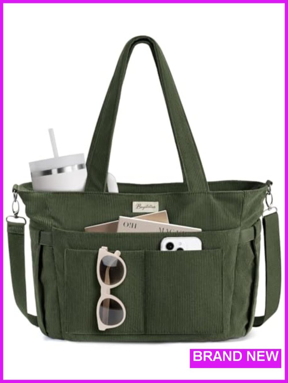Corduroy Tote Bag with 17 Pockets, Laptop Work Bag, Travel & Teacher Nurse Bag